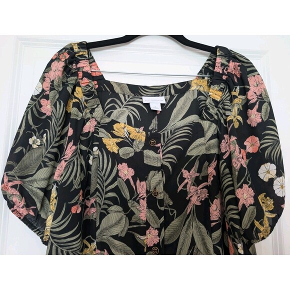 Liz Claiborne Black Floral Top Square Neck Button Up Short Puff Sleeve Sz Large - Picture 2 of 9